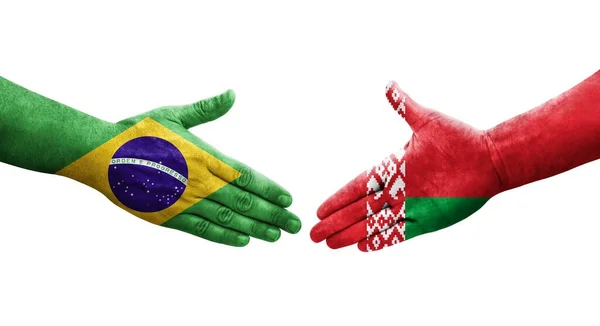 Рукопожатие Между Беларусью Бразилией Нарисованными Руках Флагами Изолированное Прозрачное Изображение — стоковое фото