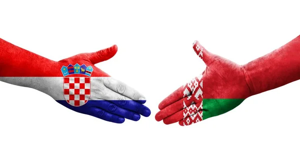 Handslag Mellan Vitryssland Och Kroatien Flaggor Målade Händer Isolerad Transparent — Stockfoto