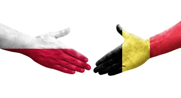 Apretón Manos Entre Bélgica Polonia Banderas Pintadas Las Manos Imagen — Foto de Stock