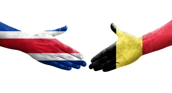 Saludo Entre Banderas Bélgica Costa Rica Pintadas Las Manos Imagen — Foto de Stock