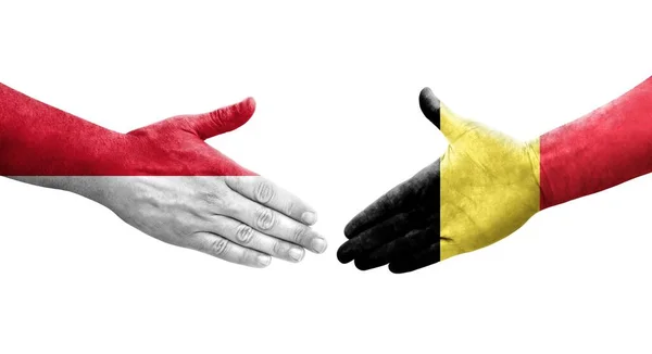 Aperto Mão Entre Bélgica Mônaco Bandeiras Pintadas Mãos Imagem Transparente — Fotografia de Stock