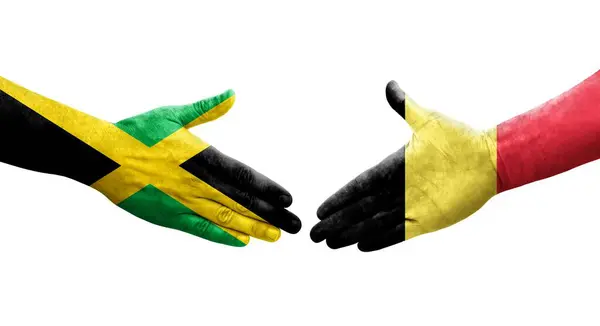 Apretón Manos Entre Bélgica Jamaica Banderas Pintadas Las Manos Imagen —  Fotos de Stock