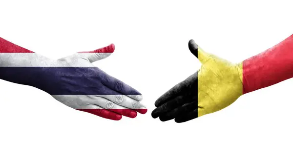 Aperto Mão Entre Bélgica Tailândia Bandeiras Pintadas Mãos Imagem Transparente — Fotografia de Stock