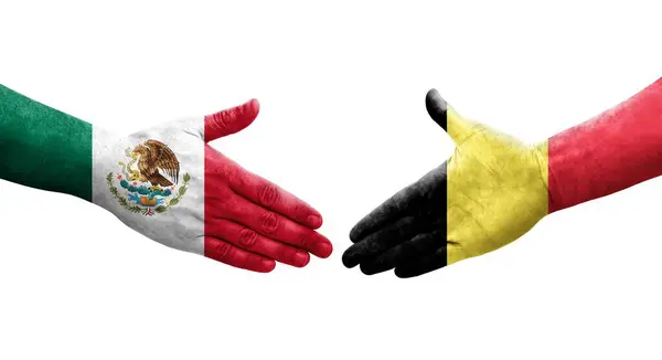 Рукостискання Між Бельгійським Мексиканським Прапорами Намальоване Руках Ізольоване Прозоре Зображення — стокове фото