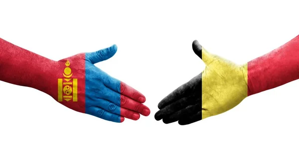 Händedruck Zwischen Belgischen Und Mongolischen Flaggen Auf Hände Gemalt Isoliertes — Stockfoto