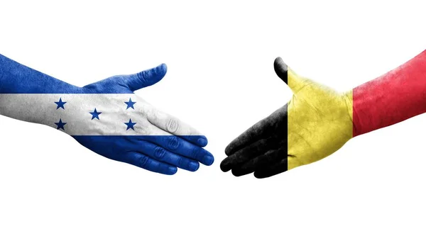 Aperto Mão Entre Bélgica Honduras Bandeiras Pintadas Mãos Imagem Transparente — Fotografia de Stock