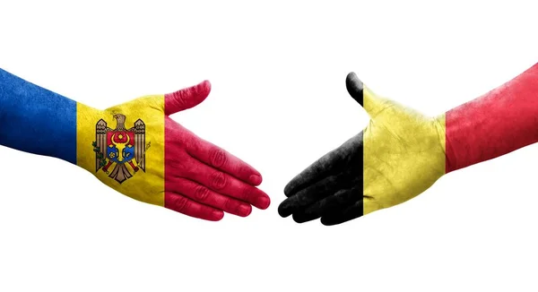 Рукопожатие Между Бельгией Молдовой Нарисованными Руках Флагами Изолированное Прозрачное Изображение — стоковое фото