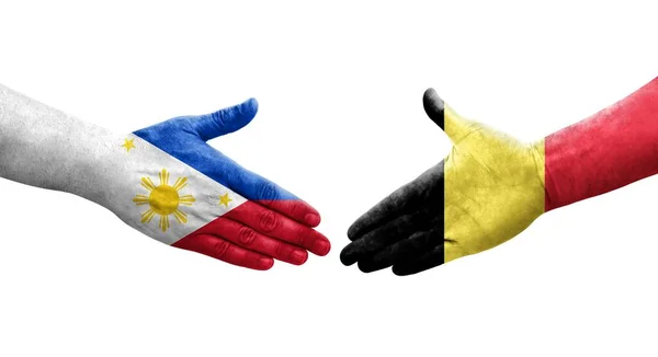 Potřesení Rukou Mezi Belgií Filipínskými Vlajkami Namalovanými Rukou Izolovaný Průhledný — Stock fotografie