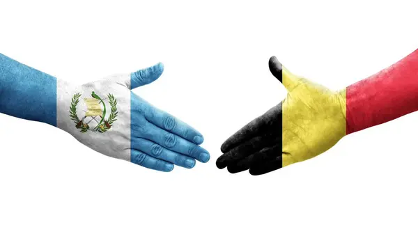 Apretón Manos Entre Bélgica Guatemala Banderas Pintadas Las Manos Imagen — Foto de Stock