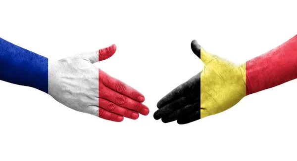 Handshake Entre Bélgica França Bandeiras Pintadas Mãos Imagem Transparente Isolada — Fotografia de Stock