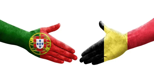 Händedruck Zwischen Belgischen Und Portugiesischen Flaggen Auf Hände Gemalt Isoliertes — Stockfoto