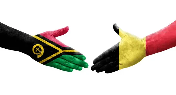 Aperto Mão Entre Bélgica Bandeiras Vanuatu Pintadas Mãos Imagem Transparente — Fotografia de Stock