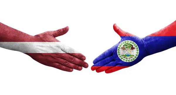 Handshake Belize Latvia Flags Painted Hands Isolated Transparent Image — Stock Photo, Image
