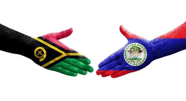 Handshake Entre Belize Vanuatu Bandeiras Pintadas Mãos Imagem Transparente Isolada — Fotografia de Stock