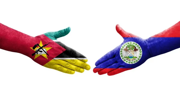 Handshake Belize Mozambique Flags Painted Hands Isolated Transparent Image — Stock Photo, Image