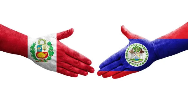 Apretón Manos Entre Belice Perú Banderas Pintadas Las Manos Imagen —  Fotos de Stock