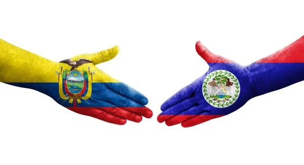 Handslag Mellan Belize Och Ecuador Flaggor Målade Händer Isolerad Transparent — Stockfoto