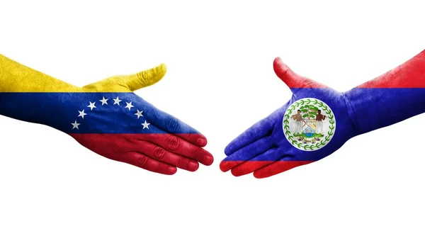 伯利兹和委内瑞拉之间握手 手绘国旗 孤立透明的形象 — 图库照片