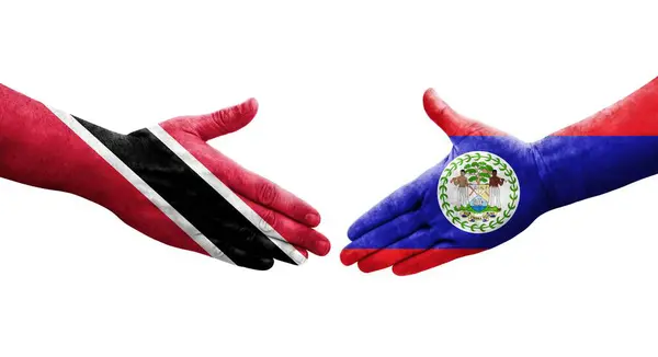 Handshake Belize Trinidad Tobago Flags Painted Hands Isolated Transparent Image — Stock Photo, Image