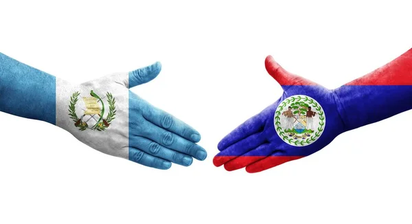 Apretón Manos Entre Belice Guatemala Banderas Pintadas Las Manos Imagen —  Fotos de Stock