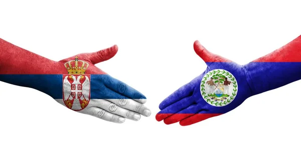 Handshake Entre Belize Sérvia Bandeiras Pintadas Mãos Imagem Transparente Isolada — Fotografia de Stock