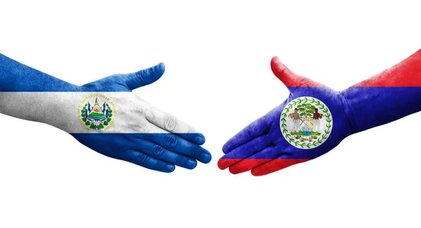 Χειραψία Μεταξύ Μπελίζ Και Σαλβαδόρ Σημαίες Ζωγραφισμένα Στα Χέρια Απομονωμένη — Φωτογραφία Αρχείου