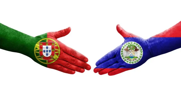 Apretón Manos Entre Belice Portugal Banderas Pintadas Las Manos Imagen — Foto de Stock