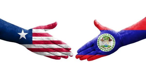 Händedruck Zwischen Belize Und Liberia Flaggen Aufgemalte Hände Isoliertes Transparentes — Stockfoto