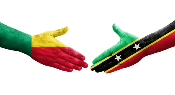 Benin Saint Kitts Nevis Bayrakları Arasındaki Sıkışma Ellerinde Izole Şeffaf — Stok fotoğraf