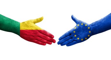 Benin ve Avrupa Birliği bayrakları arasındaki el sıkışma, izole şeffaf görüntü.