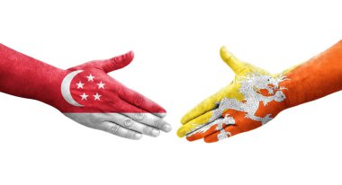 Bhutan ve Singapur bayrakları arasındaki tokalaşma elleri boyalı, izole şeffaf görüntü.