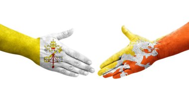 Bhutan ve Kutsal Görüş arasındaki el sıkışma ellerinde bayraklar, izole şeffaf görüntü.
