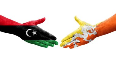 Bhutan ve Libya bayrakları arasındaki el sıkışma, izole şeffaf görüntü.