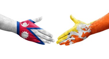 Bhutan ve Nepal bayrakları arasındaki tokalaşma elleri boyalı, izole şeffaf görüntü.