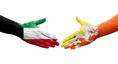 Bhutan ve Kuveyt bayrakları arasındaki tokalaşma elleri boyalı, izole şeffaf görüntü.