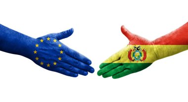Bolivya ile Avrupa Birliği bayrakları arasındaki el sıkışma, izole şeffaf görüntü.