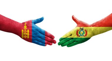 Ellerine bolivya ve Moğolistan bayrakları arasında el sıkışma, izole saydam görüntü.