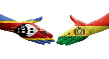 Ellerinde Bolivya ve Eswatini bayrakları arasında el sıkışma, izole şeffaf görüntü.