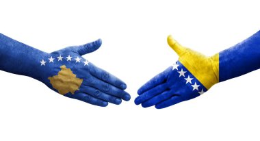 Bosna ve Kosova bayrakları arasındaki el sıkışma, izole şeffaf bir görüntü.