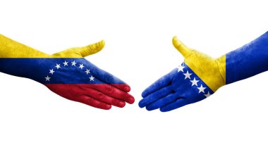 Bosna ve Venezuela bayrakları arasındaki el sıkışma ellerinde resmedilmiş şeffaf bir görüntü.