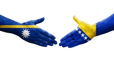 Ellerinde Bosna ve Nauru bayrakları arasında el sıkışma, izole şeffaf görüntü.