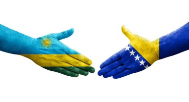 Bosna ve Ruanda bayrakları arasında el sıkışma, izole şeffaf görüntü.