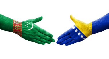 Bosna ve Türkmenistan bayrakları arasındaki el sıkışma, izole edilmiş şeffaf görüntü.