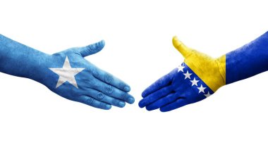Bosna ve Somali bayrakları arasındaki el sıkışma ellerinde resmedilmiş şeffaf bir görüntü.