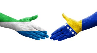 Bosna ve Sierra Leone bayrakları arasındaki el sıkışma ellere boyanmış, izole şeffaf görüntü.