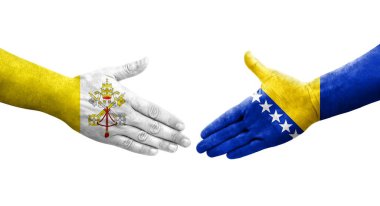 Bosna ile Kutsal Bakış arasındaki el sıkışma ellerinde bayraklar, izole edilmiş şeffaf görüntü.