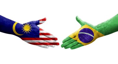 Brezilya ve Malezya bayrakları arasındaki el sıkışma ellerinde resmedilmiş şeffaf görüntü.