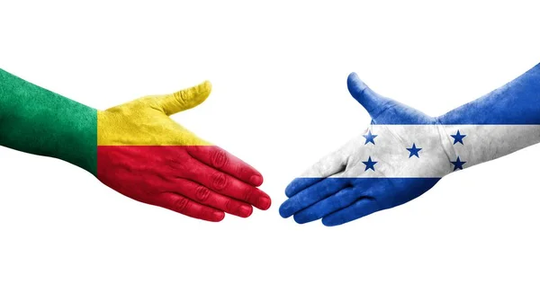 Händedruck Zwischen Benin Und Honduras Flaggen Auf Hände Gemalt Isoliertes — Stockfoto