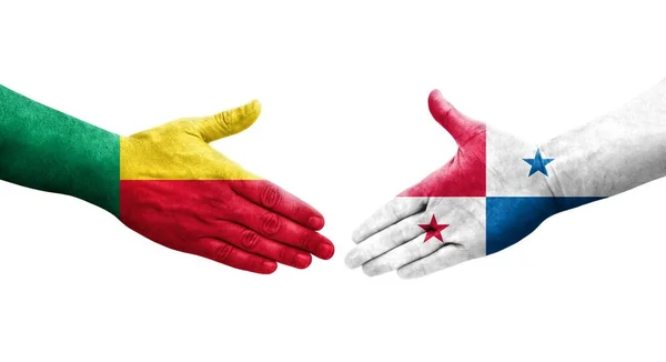 Händedruck Zwischen Benin Und Panama Flaggen Auf Hände Gemalt Isoliertes — Stockfoto