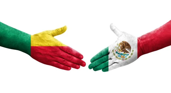 Stretta Mano Tra Benin Messico Bandiere Dipinte Mani Immagine Isolata — Foto Stock